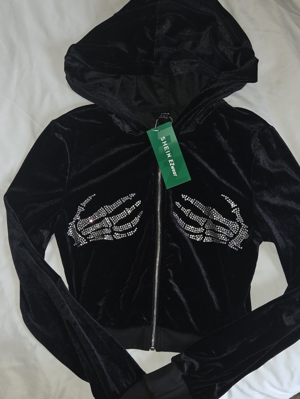 SHEIN Black Velvet Zip Hoodie with Crystal Skeleton Hands